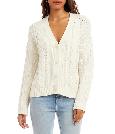 Karen Kane Cable Knit V-Neck Long Sleeve Button Front Cardigan