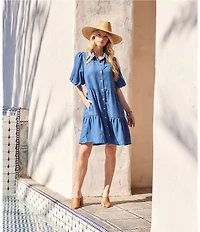Karen Kane Chambray Point Collar Puff Sleeve Tiered Dress