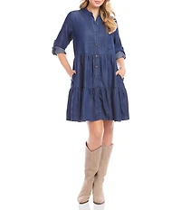 Karen Kane Chambray Roll Tab Sleeve Tiered Shirtdress