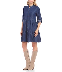 Karen Kane Chambray Roll Tab Sleeve Tiered Shirtdress