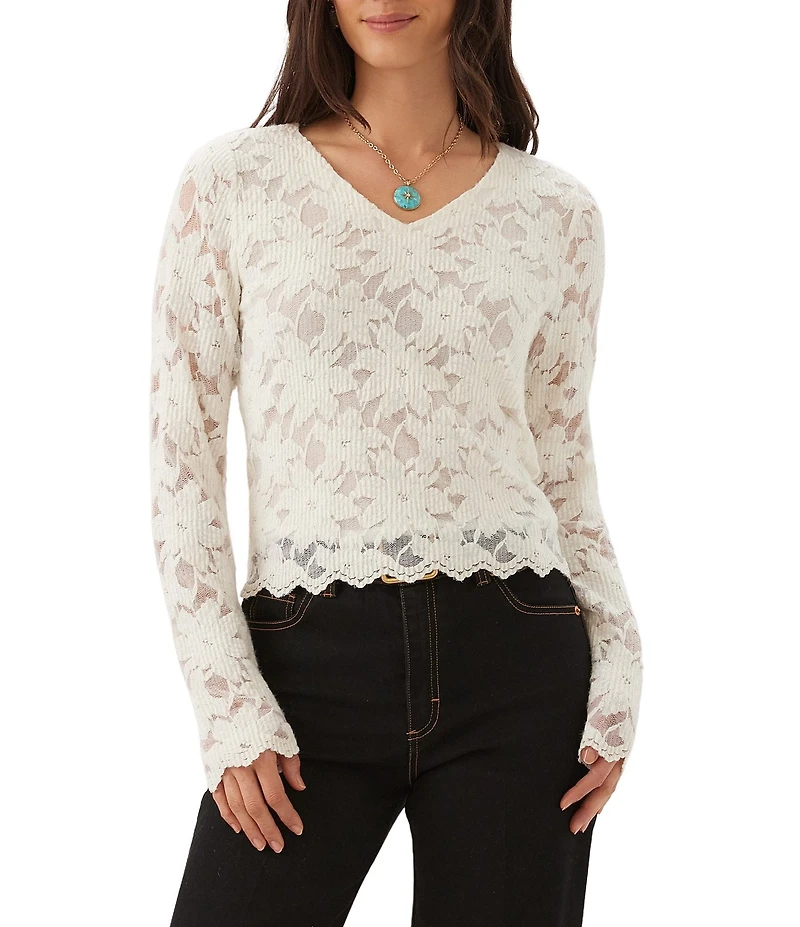 Karen Kane Chenille Burnout V-Neck Long Sleeve Scalloped Top