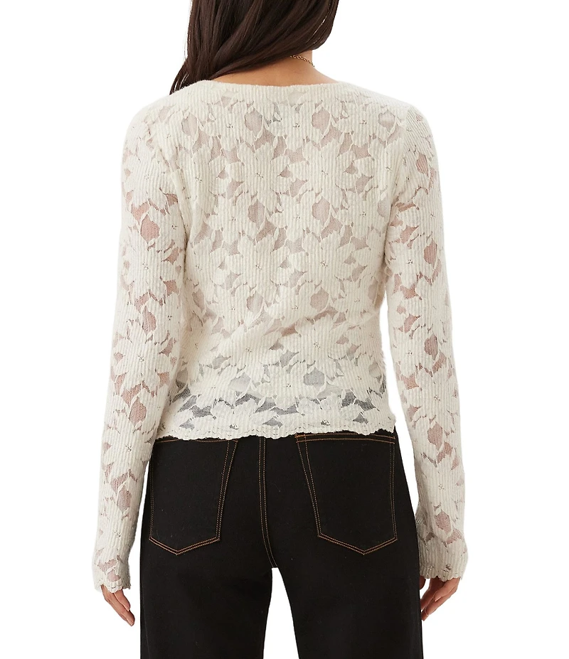 Karen Kane Chenille Burnout V-Neck Long Sleeve Scalloped Top