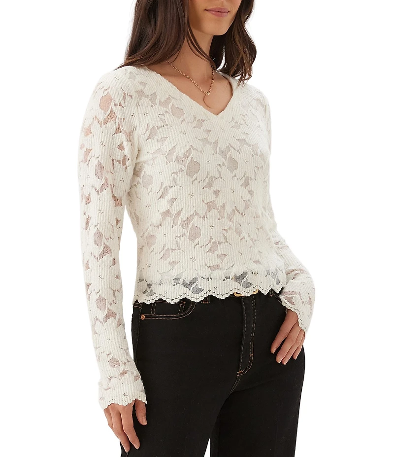 Karen Kane Chenille Burnout V-Neck Long Sleeve Scalloped Top