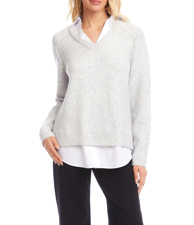 Karen Kane Collared Long Sleeve Layered Twofer Sweater