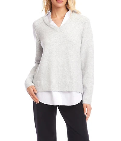 Karen Kane Collared Long Sleeve Layered Twofer Sweater