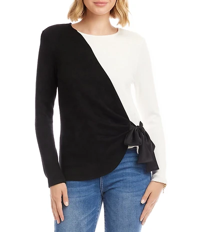 Karen Kane Colorblock Double Brushed Knit Crew Neck Long Sleeve Bow Faux Wrap Top