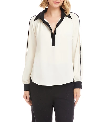Karen Kane Colorblock Edge Stitch Split Collar Long Sleeve Blouse