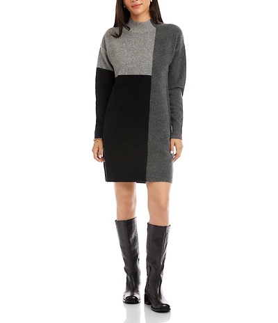 Karen Kane Colorblock Mock Neck Long Sleeve Shift Sweater Dress