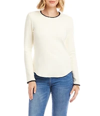 Karen Kane Contrast Edge Stitch Crew Neck Long Sleeve Knit Top
