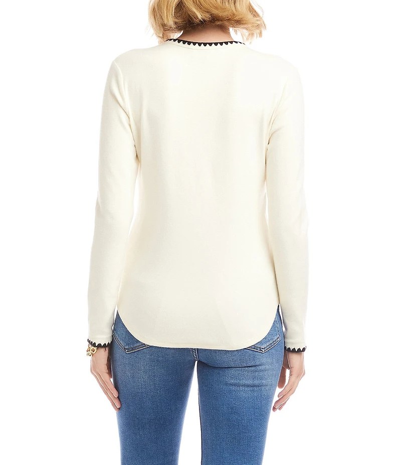 Karen Kane Contrast Edge Stitch Crew Neck Long Sleeve Knit Top