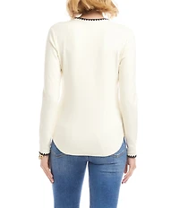 Karen Kane Contrast Edge Stitch Crew Neck Long Sleeve Knit Top
