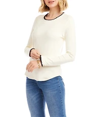 Karen Kane Contrast Edge Stitch Crew Neck Long Sleeve Knit Top