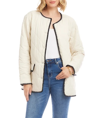Karen Kane Contrast Edge Stitch Quilted Crew Neck Button Front Jacket