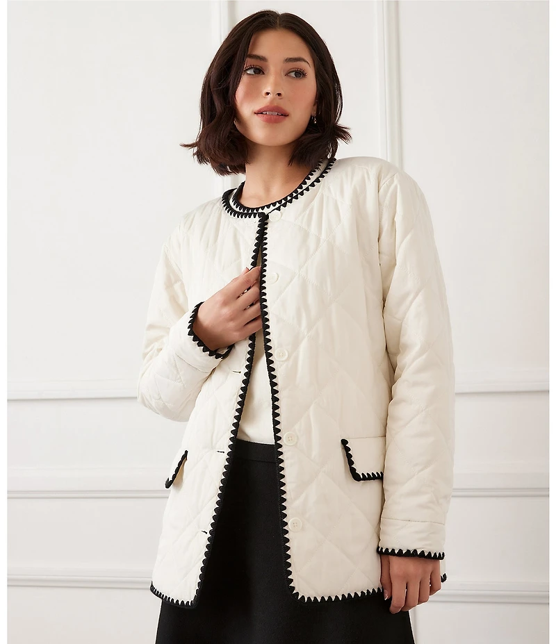Karen Kane Contrast Edge Stitch Quilted Crew Neck Button Front Jacket
