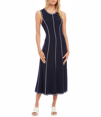 Karen Kane Contrast Stitch Scoop Neck Sleeveless A-Line Midi Dress