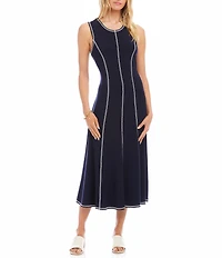 Karen Kane Contrast Stitch Scoop Neck Sleeveless A-Line Midi Dress