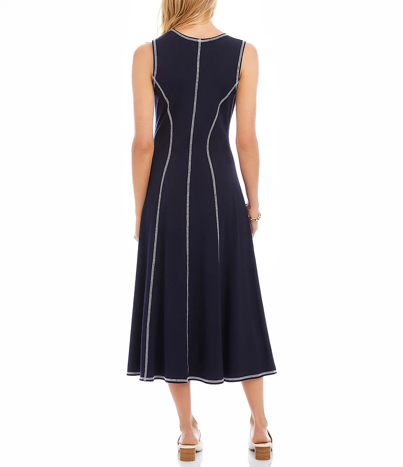 Karen Kane Contrast Stitch Scoop Neck Sleeveless A-Line Midi Dress