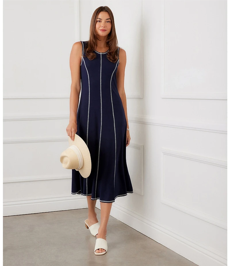 Karen Kane Contrast Stitch Scoop Neck Sleeveless A-Line Midi Dress
