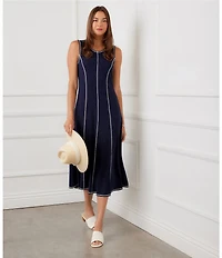 Karen Kane Contrast Stitch Scoop Neck Sleeveless A-Line Midi Dress