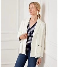Karen Kane Contrast Stitch Shawl Collar Long Sleeve Open Front Cardigan