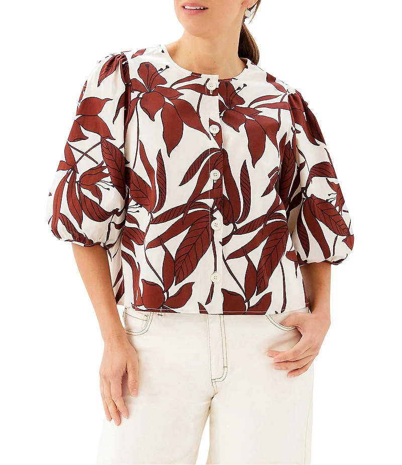 Karen Kane Coordinating Coco Bloom Stretch Woven Scoop Neck Puff Sleeve Button Front Shirt
