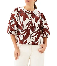 Karen Kane Coordinating Coco Bloom Stretch Woven Scoop Neck Puff Sleeve Button Front Shirt
