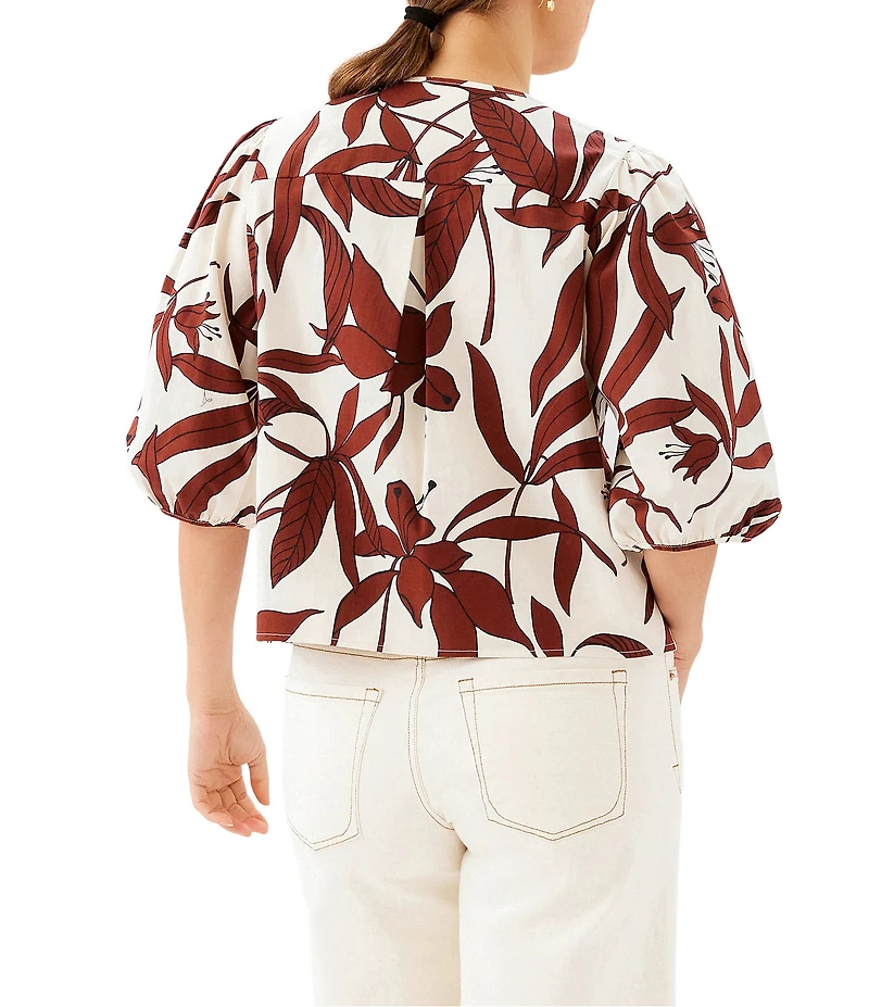 Karen Kane Coordinating Coco Bloom Stretch Woven Scoop Neck Puff Sleeve Button Front Shirt