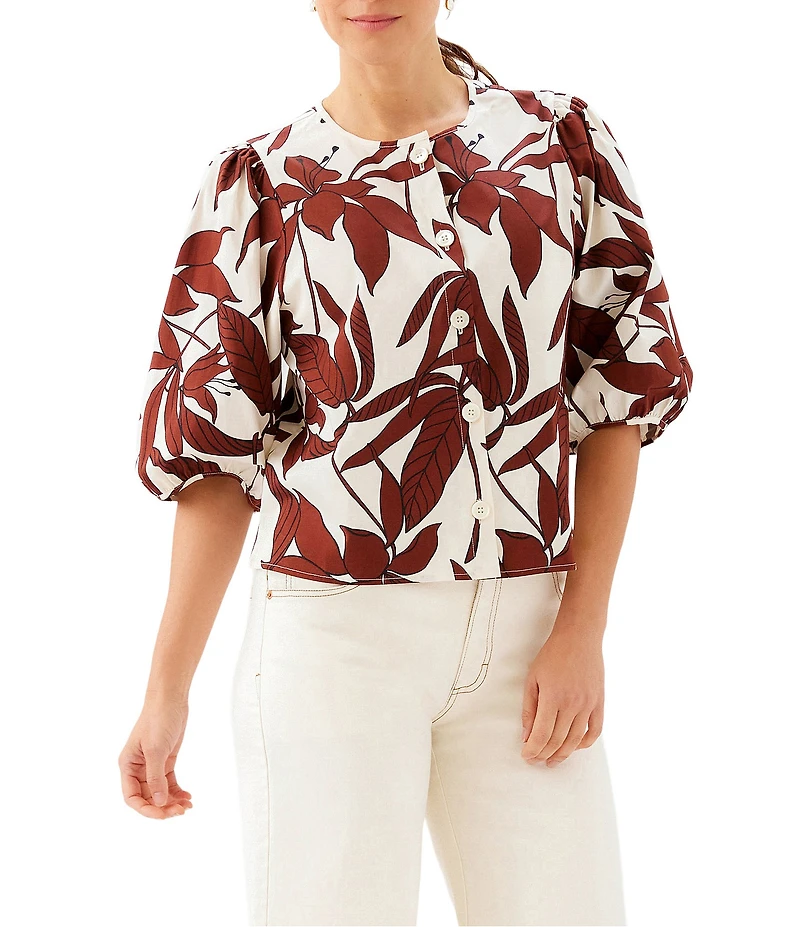 Karen Kane Coordinating Coco Bloom Stretch Woven Scoop Neck Puff Sleeve Button Front Shirt