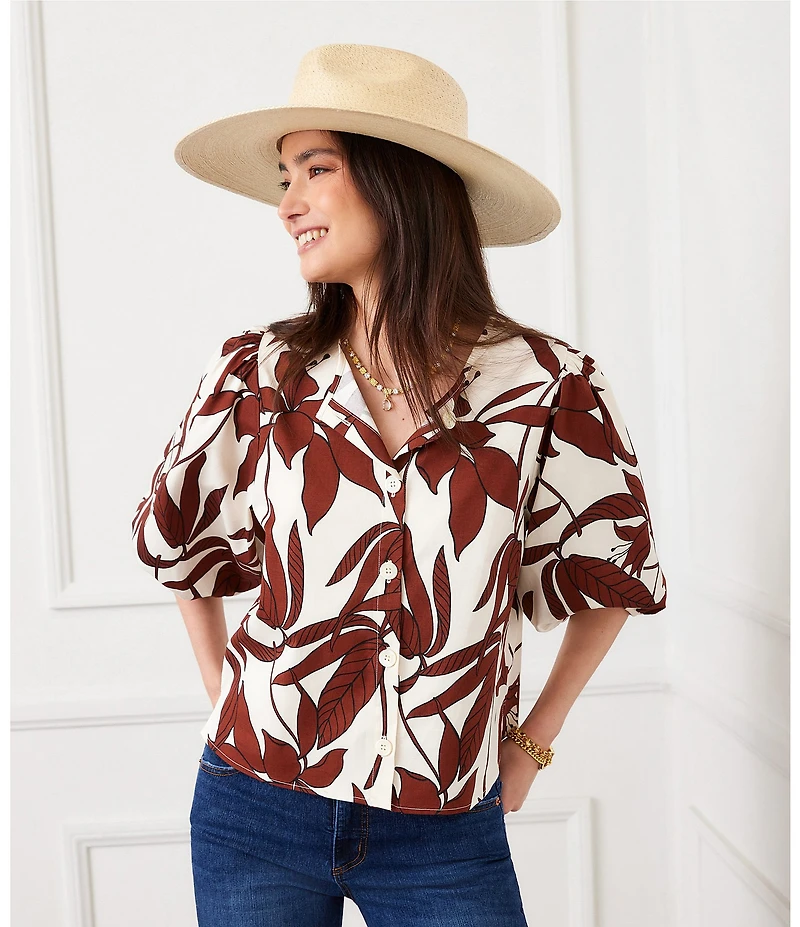Karen Kane Coordinating Coco Bloom Stretch Woven Scoop Neck Puff Sleeve Button Front Shirt