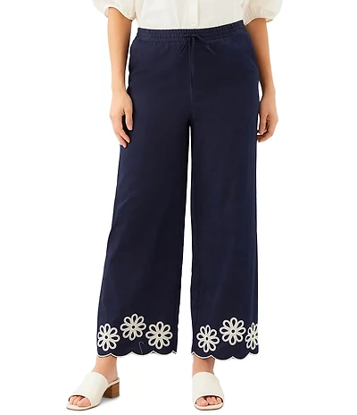 Karen Kane Coordinating Cotton Floral Embroidered Drawstring Scalloped Hem Wide Leg Ankle Pants