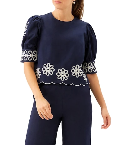Karen Kane Coordinating Cotton Floral Embroidered Scoop Neck Short Blouson Sleeve Scalloped Hem Blouse