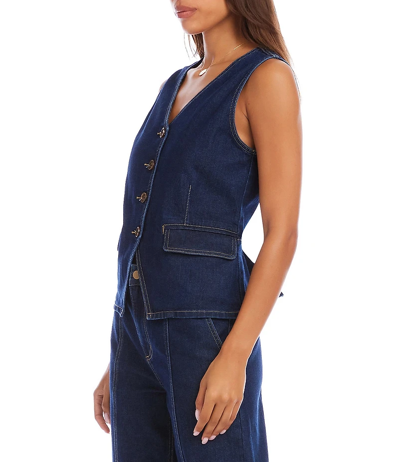 Karen Kane Coordinating Denim V-Neck Sleeveless Button Front Vest