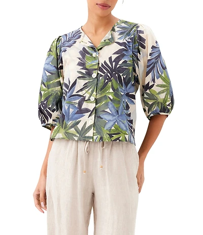 Karen Kane Coordinating Island Palms Scoop Neck Short Puff Sleeve Button Front Shirt