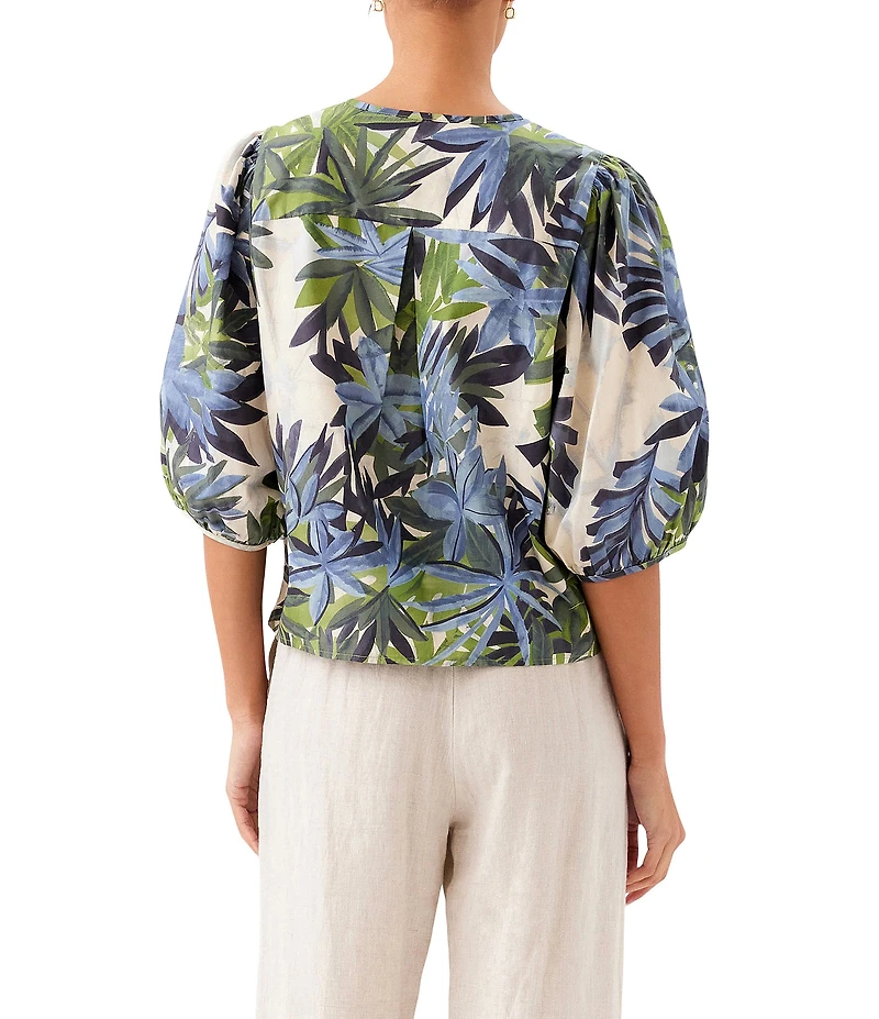 Karen Kane Coordinating Island Palms Split V Neck Puff Sleeve Button Front Shirt