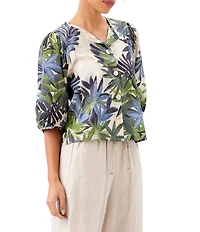 Karen Kane Coordinating Island Palms Split V Neck Puff Sleeve Button Front Shirt