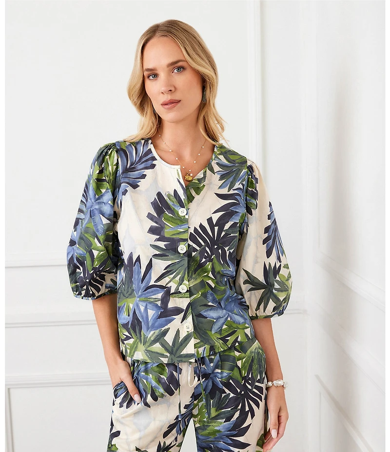 Karen Kane Coordinating Island Palms Split V Neck Puff Sleeve Button Front Shirt