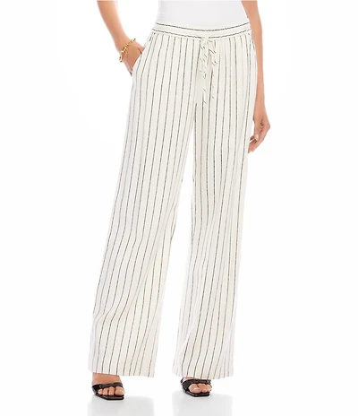 Karen Kane Coordinating Linen Blend Striped High Rise Wide Leg Drawstring Pants
