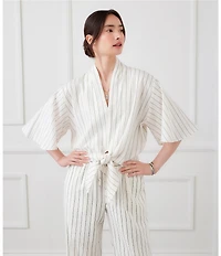 Karen Kane Coordinating Linen Blend Striped V-Neck 3/4 Flared Sleeve Tie-Front Top