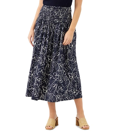 Karen Kane Coordinating Poplin Floral Smocked Waist Bias Cut Midi Skirt