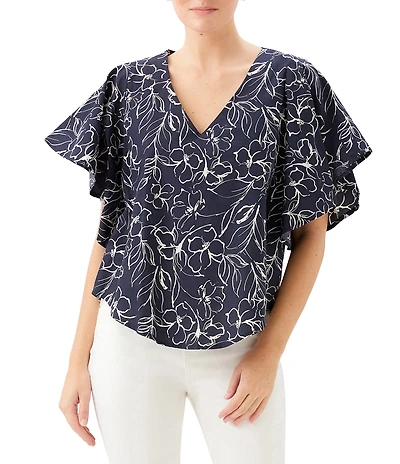 Karen Kane Coordinating Poplin Floral V-Neck Short Flutter Sleeve Top