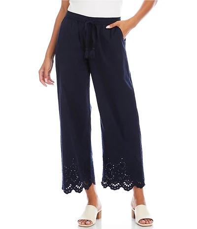 Karen Kane Coordinating Poplin High Rise Wide Leg Embroidered Scalloped Hem Cropped Pants