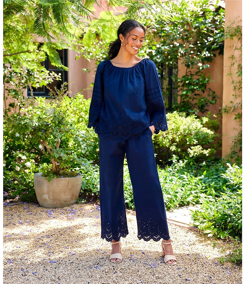 Karen Kane Coordinating Poplin High Rise Wide Leg Embroidered Scalloped Hem Cropped Pants