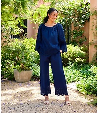 Karen Kane Coordinating Poplin High Rise Wide Leg Embroidered Scalloped Hem Cropped Pants