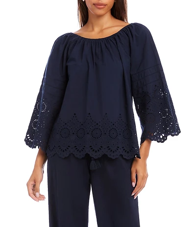 Karen Kane Coordinating Poplin Scoop Neck 3/4 Flared Sleeve Embroidered Scalloped Edge Peasant Top
