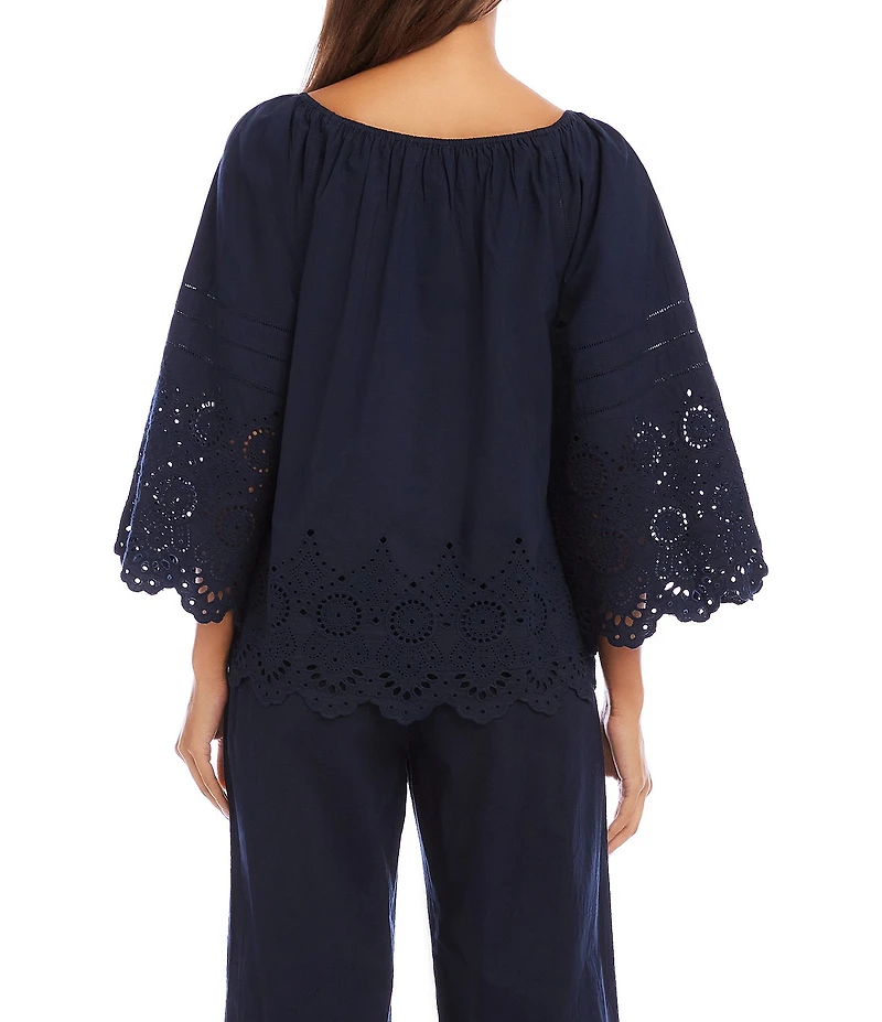 Karen Kane Coordinating Poplin Scoop Neck 3/4 Flared Sleeve Embroidered Scalloped Edge Peasant Top
