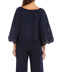 Karen Kane Coordinating Poplin Scoop Neck 3/4 Flared Sleeve Embroidered Scalloped Edge Peasant Top