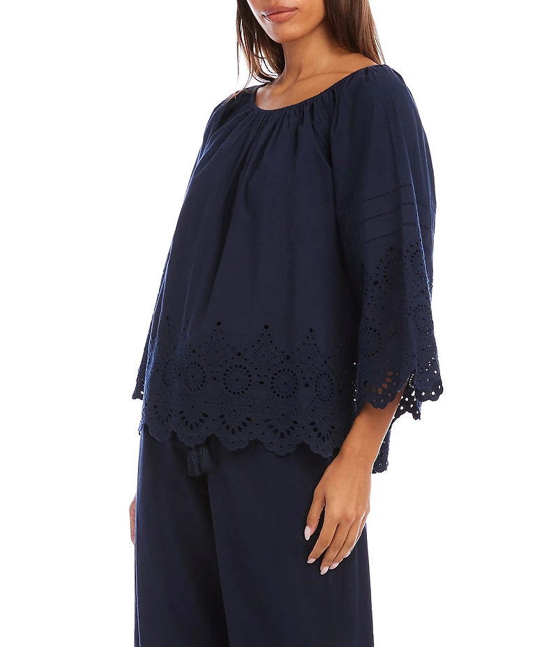Karen Kane Coordinating Poplin Scoop Neck 3/4 Flared Sleeve Embroidered Scalloped Edge Peasant Top