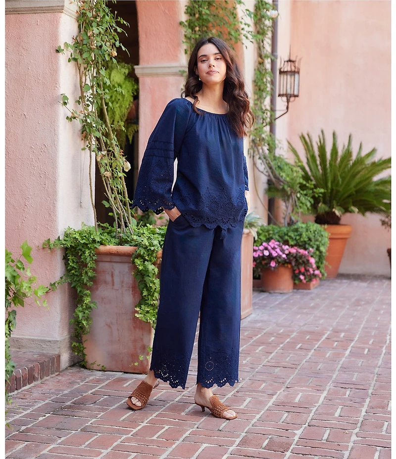 Karen Kane Coordinating Poplin Scoop Neck 3/4 Flared Sleeve Embroidered Scalloped Edge Peasant Top