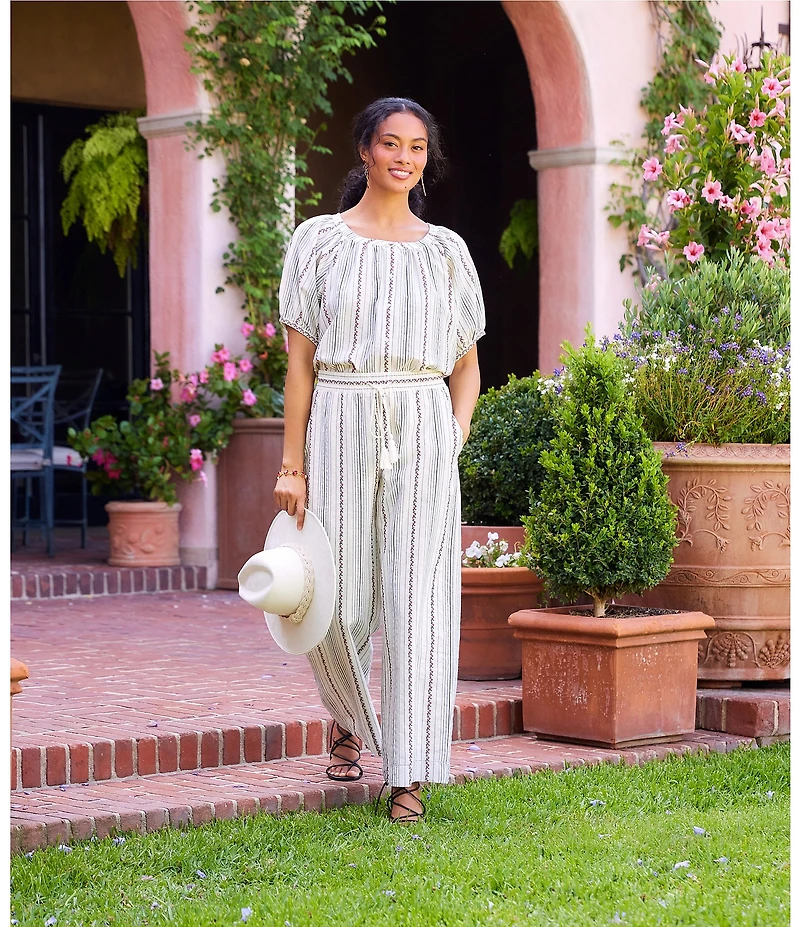 Karen Kane Coordinating Stripe Embroidered High Rise Wide Leg Cropped Pants