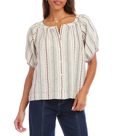 Karen Kane Coordinating Stripe Embroidered Scoop Neck Short Puff Sleeve Button Front Peasant Top